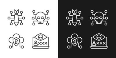 Malicious online activity pixel perfect linear icons set for dark, light mode. Cyber attack. Cybercrime. Spying malware. Thin line symbols for night, day theme. Isolated illustrations. Editable stroke vector