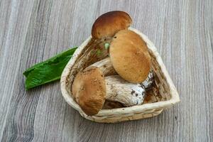 Wild Mushrooms in a basket on wooden background photo