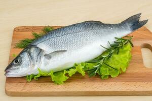 Raw seabass on wooden board and wooden background photo