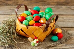 Hand-painted decorated Easter eggs in the basket on white wooden background, close up. Easter background photo