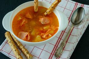 homemade soup with salmon with bread sticks on back concrete background photo