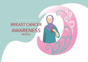 Breast cancer awareness infographics with muslim character, vector illustration. Layout template. Health care and medical info