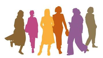 Vector silhouettes women standing, different poses, business, people, group, multicolor, isolated on white background