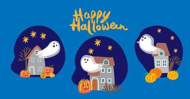 collection of cute ghosts cartoon character. ghost flies out the window of the house. Isolated vector illustration.