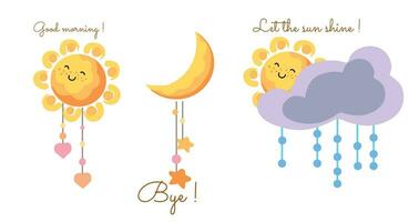 Cute weather set. Emotional weather forecast. Funny sun and happy clouds. vector