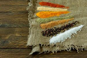 Various powder spices on wooden table. Background with space for text, food or cooking concept. photo