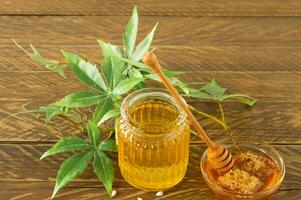 glass jar of honey, wooden dipper and hemp leaves close-up on wooden background. CBD healthy products. Sweet dessert. Alternative medicine photo
