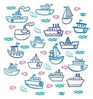 Ships doodle set. Vector illustration. Blue line stile