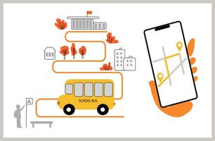 ilustración de sistema de seguimiento móvil de autobús escolar de estudiante de ciudad urbana moderna vector