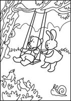 Cute tadddy bear and rabbit swing on a swing in beautiful corner of the forest. Coloring book. Cartoon isolated vector illustration. Childish design for kids activity colouring book or page.