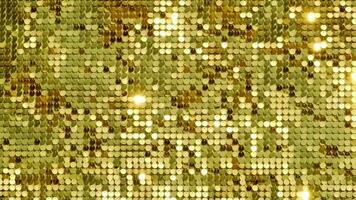 rows of blinking golden yellow brass metal plaques sway in wind and shines in sun and create unique pattern of movement. round reflective particles texture glitter under waves of wind. Spangle Glitter video