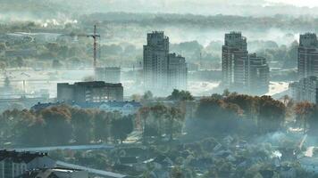aerial view of green city with skysrapers and residential buildings in earning fog and mist video