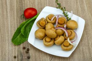 Pickled champignon on the plate and wooden background photo