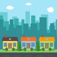 Vector city with cartoon houses and buildings. City space with road on flat style background concept. Summer urban landscape. Street view with cityscape on a background