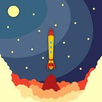 lanzamiento de cohete espacial. ilustración vectorial con cohete volador. viaje espacial. desarrollo del proyecto. Idea creativa, vector
