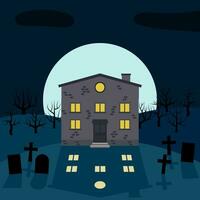 una casa solitaria en la noche frente a la luna. vector de fondo para halloween