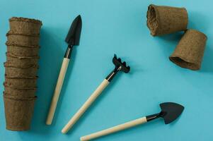 Gardening at home. Growing food on windowsill. Tools, peat pots and pressed ground for seedlings. top view. Flatlay on blue background photo