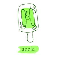 Sketch of fruit ice cream with apple flavor. The outline is drawn by hand. Ice cream is suitable for infographics and applications, cards, menu, greetings, labels. Popsicle. vector