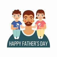 World Father Day. Children are sitting on Dad shoulders. Happy family. Daughter, son and father. vector