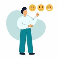 el hombre evalúa la calidad del servicio. comentarios de los clientes. Evaluación de desempeño. elige entre sonrisa alegre y triste. calificación de los empleados. vector
