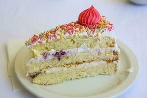 Fresh cake on the plate and white background photo