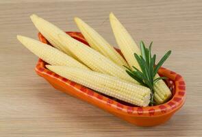 Baby corn in a bowl on wooden background photo