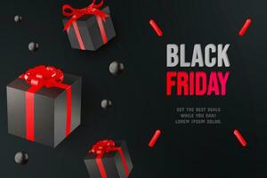 black friday realistic gift boxes gifts and letters background black red color vector