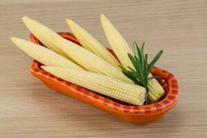 Baby corn in a bowl on wooden background photo