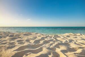 Closeup sea sand beach. Panoramic beach landscape. Inspire tropical beach seascape horizon. Orange and golden sunset sky calmness tranquil relaxing sunlight summer mood. Vacation travel holiday banner photo