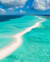 Beautiful aerial view of Maldives and tropical beach. Travel and vacation concept. Scenic view of exotic sandbank with ocean lagoon, coral reef. Luxury holiday destination, tourism vertical banner
