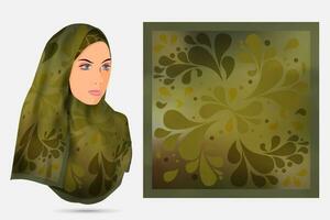 diseño floral de hijab con ilustración de modelo, textura de tela de bufanda vector