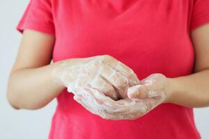 Woman washing hands with soap for COVID-19 corona virus prevention concept photo