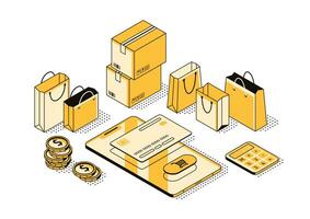 Vector isometric illustration, concept of shopping in your smartphone. Online payment technology, credit card. Ordering goods, parcels, purchases. 3d icons for business, retail