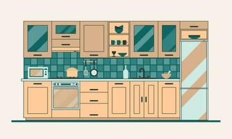 Vector flat illustration, modern kitchen furniture. Kitchenware, appliances and   utensil. Food preparation equipment