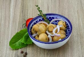 Champiñón en escabeche en un recipiente sobre fondo de madera foto