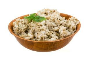 Boiled rice in a bowl on white background photo