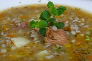 Cereal soup close up view photo