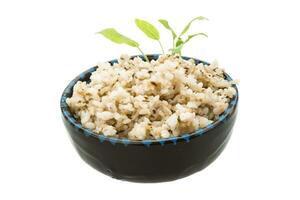 Boiled rice in a bowl on white background photo