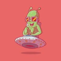 Alien Character flying a spaceship vector illustration. Space, sci-fi, funny design concept.