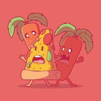 Angry Carrots eating a slice of pizza vector illustration. Food, funny, health design concept.