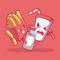 Fast food characters food fight vector illustration. Food, funny, brand design concept.