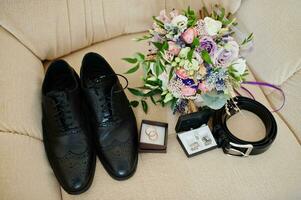 Close up of groom accessories. Wedding details. Man's style. photo