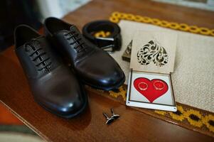 Close up of groom accessories. Wedding details. Man's style. photo