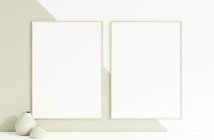 Minimalist clean vertical wooden photo frame mockup hanged in the wall. 3d rendering.