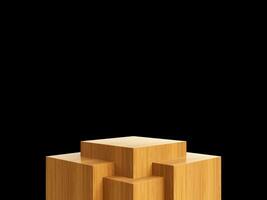 Cosmetic wood podium isolated in black background. Template for product presentation. 3d rendering photo