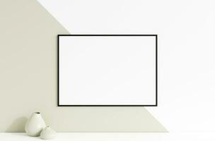 Clean and minimalist front view horizontal black photo or poster frame mockup hanging on the wall with vase. 3d rendering.