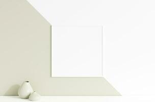 Clean and minimalist front view square white photo or poster frame mockup hanging on the wall with vase. 3d rendering.