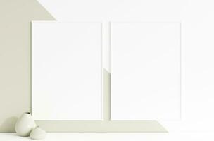 Minimalist clean vertical white photo frame mockup hanged in the wall. 3d rendering.