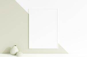 vista frontal limpia y minimalista maqueta de marco de póster o foto vertical blanca colgada en la pared con jarrón. representación 3d