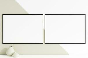 Minimalist clean horizontal black photo frame mockup hanged in the wall. 3d rendering.